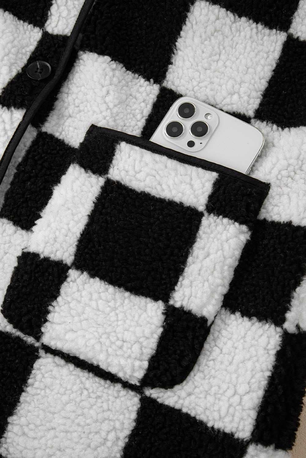 Black Checkered Side Pockets Collared Buttoned Fleece Jacket - Love Salve